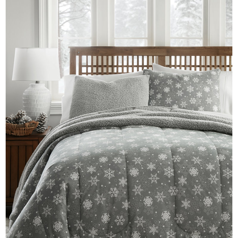 Ensemble d'édredon inversé en sherpa Micro Flannel®, Édredon pour grand lit + 2 taies décoratives, Gris flocon de neige