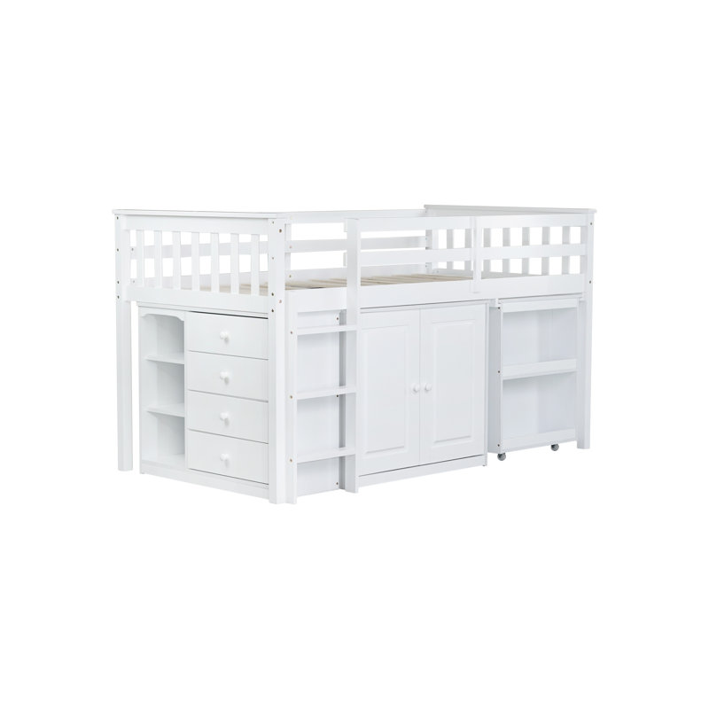 Lit mezzanine simple avec armoire de rangement, armoire à tiroirs et à tablettes et bureau coulissant, Blanc