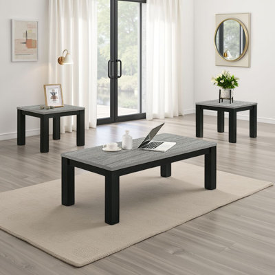 Ensemble de tables basses et de bout Tex 3 pièces, plateau brun, pieds en bois