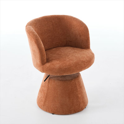 Single orange-toned upholstered side chair with 360° swivel, chenille fabric, adjustable height, metal base, modern style