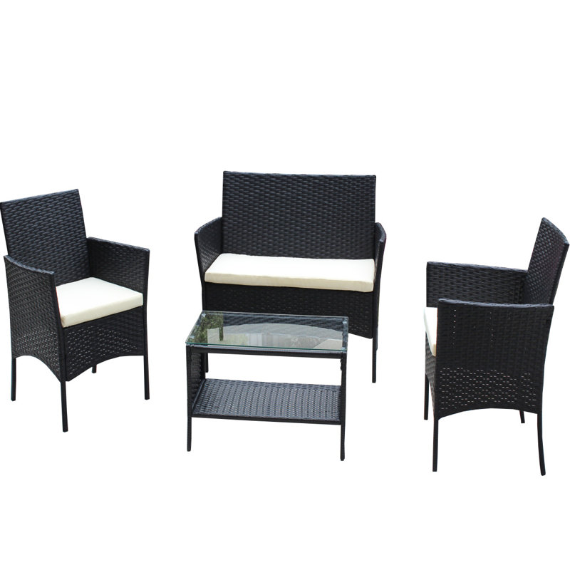 4 PC Rattan Patio Furniture Set Outdoor Patio Cushioned Seat Wicker Sofa ( Cushion), White