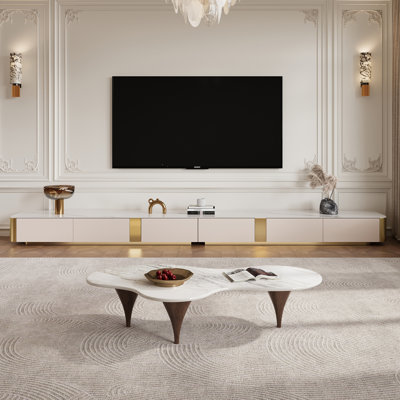 Luxury Living Room Furniture Set, 141.7" White Marble Tv Console With Storage Drawers, Unique Cloud-shaped Coffee Table, Gold Trim Modern Entertainment Center For Home