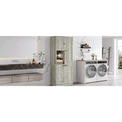 Grande armoire de rangement avec panier rabattable, tablettes réglables et armoires fermées. Idéal pour la salle de bain, le bureau et le salon. Poignées en alliage d'aluminium, tablettes totales de 80 lb, grand panier deux