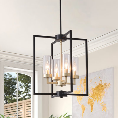 Lustre lanterne moderne à 4 lumières de style ferme, suspension noire et dorée avec abat-jour en verre transparent pour îlot de cuisine, entrée ou salle à manger