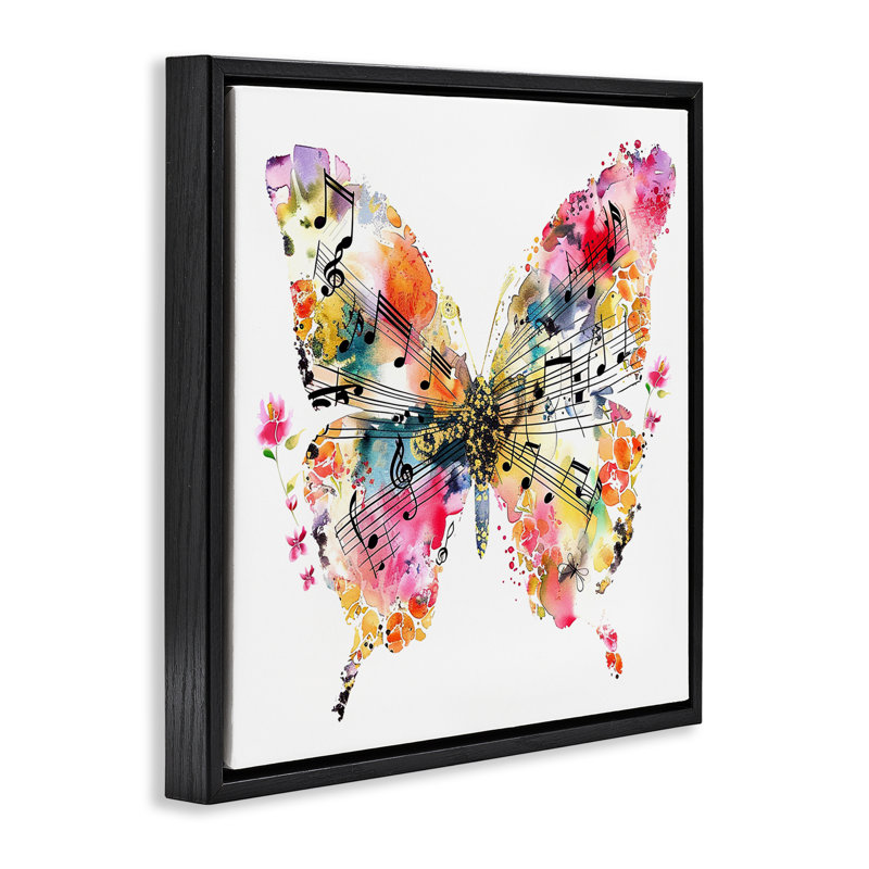  "Butterfly & Music Notes", art mural encadré flottant par LSR Design Studio, H 18 po x l 18 po, Cadre flottant noir de jais