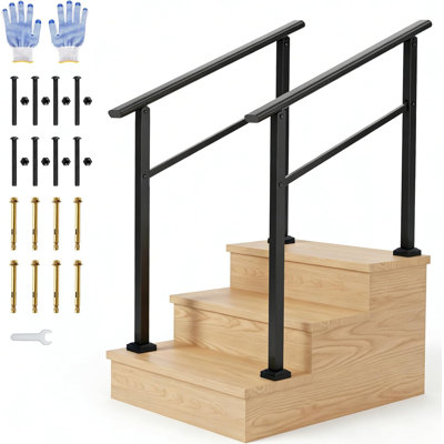 2 pieces Adjustable Outdoor Handrail for 5 Steps – Weatherproof Non-Slip Garden Grab Rail with Installation Kit, Safety Support for Elderly on Exterior Stairs, matte black