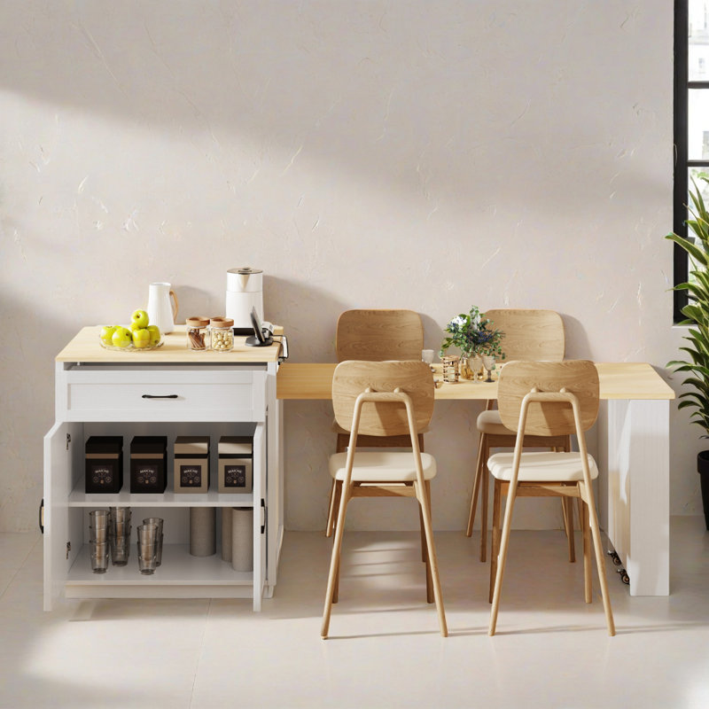 82.72" Kitchen Island with Extendable Dining Table for 4-6 Person, Faux Mable Kitchen Table with Power Outlet for Kitchen, Dining Room