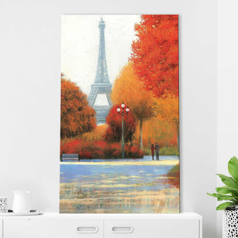 Automne à Paris en couple - Peinture, Toile tendue, H 30 po x l 18 po x P 1 po