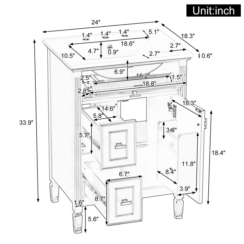 Meuble-lavabo compact de 24 pouces avec rangement, Vert, 24", Ensemble de centre 8 po