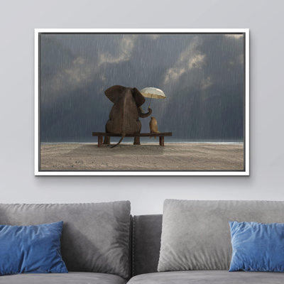 Whimsical Animal " Elephant and Dog Sit under the Rain Friendship " Print