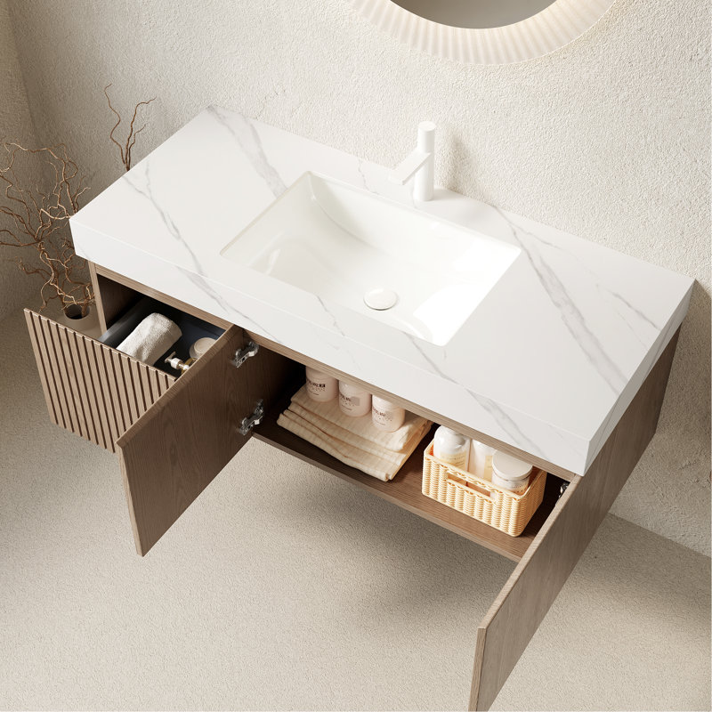 Meuble-lavabo de 48 po avec pierre frittée blanche, cuve en céramique, rangement en contreplaqué flottant, tiroir et portes, pré-assemblé, facile à utiliser