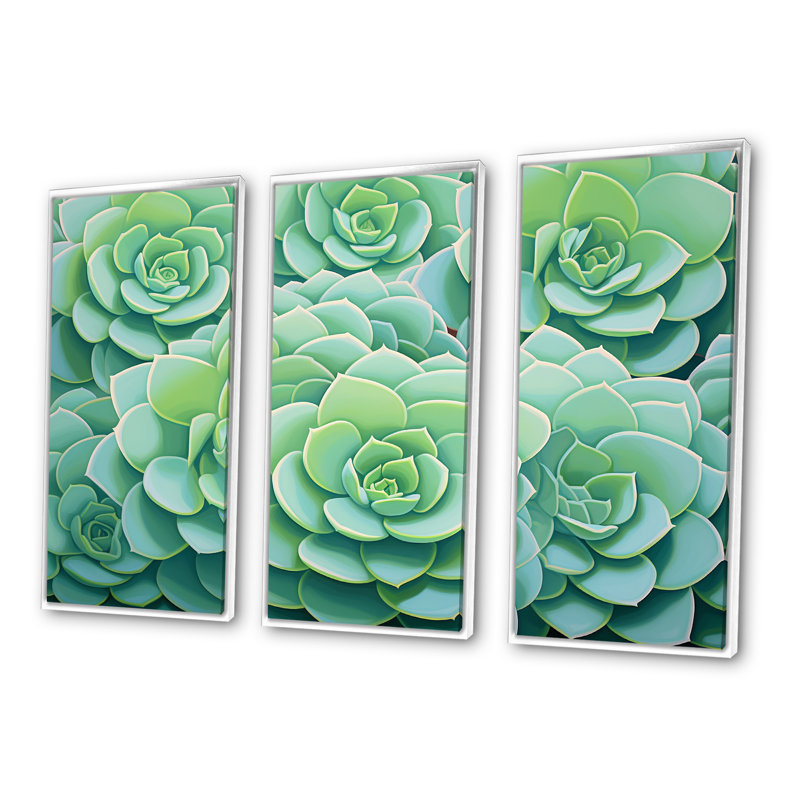 «Green Succulents Bloom», ensemble d'art mural sur toile, Cadre flottant blanc, H 32 po x l 48 po x P 1 po