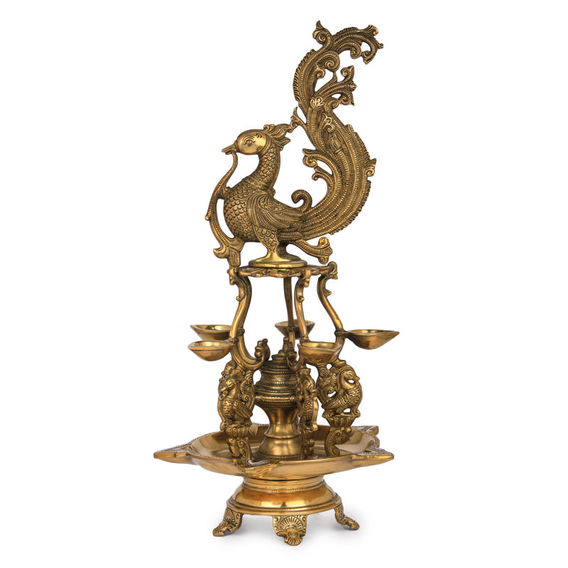 19" Handmade Brass Peacock Ten Wicks Designer Lamp - Indian Oil Diya Stand Home Decor Puja Altar