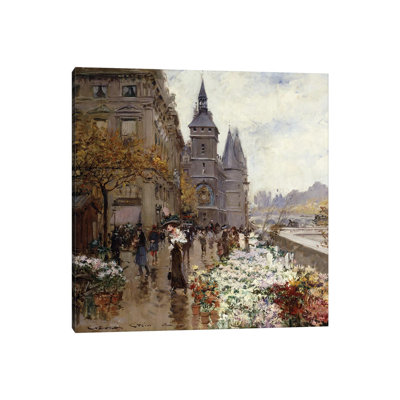 A Flower Market Along The Seine, by Georges Stein - Wrapped Canvas Print