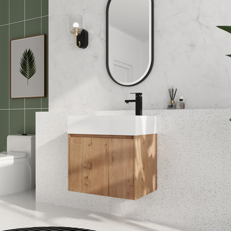 24" Wall Mounted Single Bathroom Vanity with Resin Top, Imitative Oak