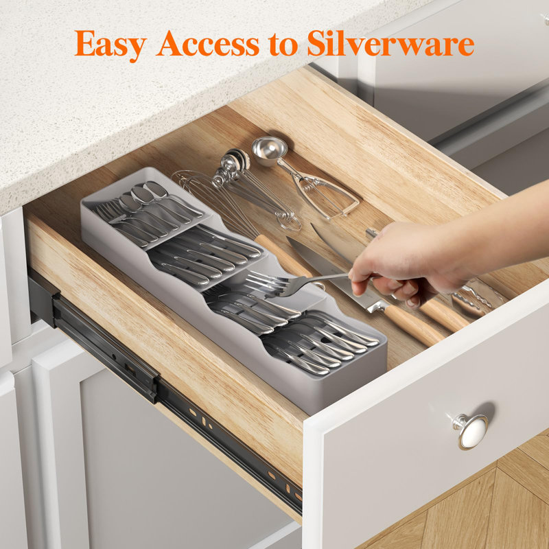 Organisateur de tiroir compact pour couverts, plateau étroit pour couverts de cuisine, porte-couverts en plastique pour cuillères, fourchettes et couteaux, rangement pour ustensiles, paquet de 2, gris