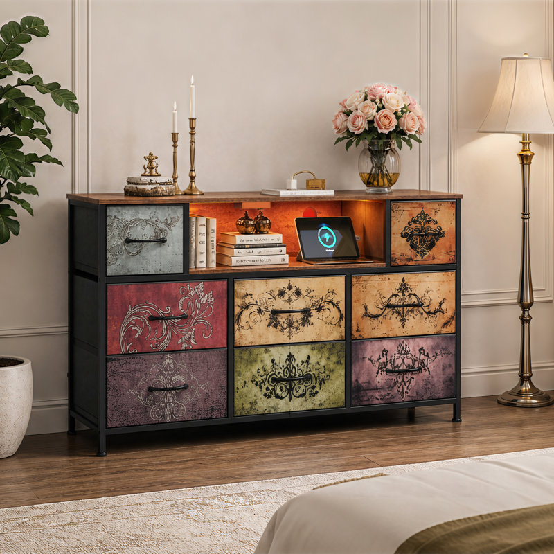 Commode l 47,2 po avec lumières DEL et station de charge pour la chambre à coucher, commode avec structure en acier robuste, meuble télé avec tiroirs en tissu pour chambre d'enfant et salon
