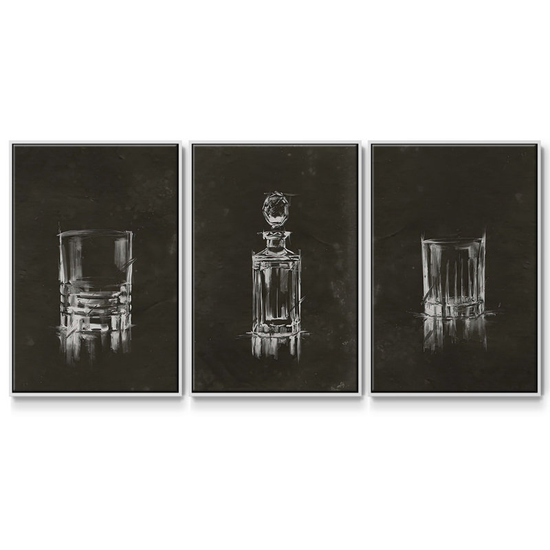Crystal Barware V - Ensemble de 3 cadres flottants sur toile, H 36 po x l 72 po, Cadre flottant blanc