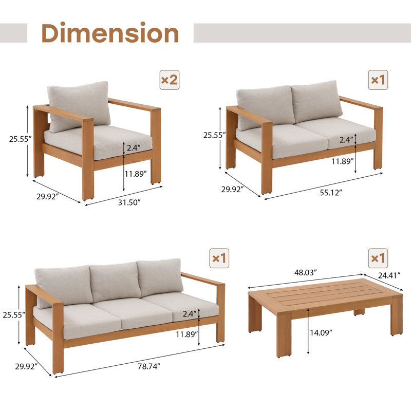 Ensemble de conversation en bois d'eucalyptus Morre, 5 Pcs: Table, Sofa, Loveseat, 2 Chairs