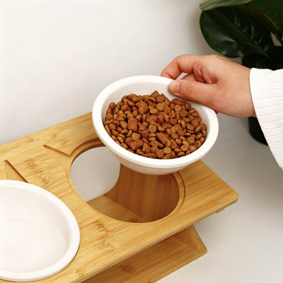 Bamboo Elevated Cat Feeder Stand With Ceramic Bowls, Raised Pet Food & Water Bowl For Cats And Small Dogs, Anti-Choke 15° Tilted Design, Detachable For Easy Cleaning, 2/3 Bowl Options Available