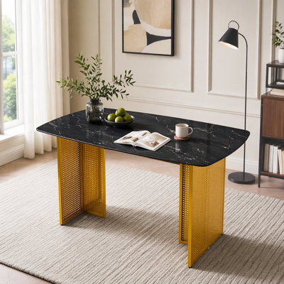 Table de salle à manger rectangulaire moderne en verre trempé avec motif en marbre