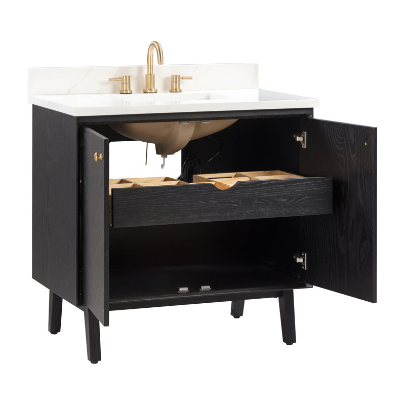 Adele 36'' Free Standing Single Bathroom Vanity with Quartz Top, Black, Gold