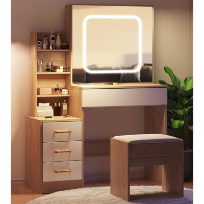 Bureau de coiffeuse, bureau de maquillage avec miroir lumineux coulissant, station de charge
