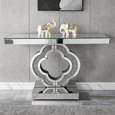 Console en miroir avec miroir de 43,3 pouces, table d'entrée en verre avec base en diamant écrasé Trèfle, table d'appoint avec canapé en argent Glam pour le vestibule du vestibule