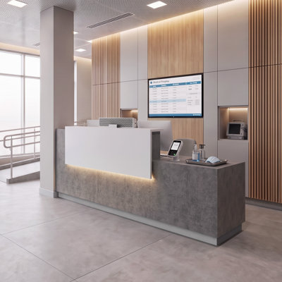 86.6“ Modern Reception Desk With Locking Drawer, Built-In Outlets, For Cashier Counter, Salon, Office And Customer Service Front Desk