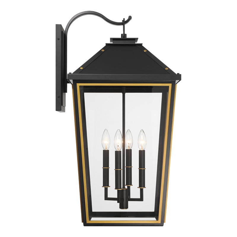 Michalena Matte Black + Textured Gold Outdoor Lighting, 29.75" H x 15" W x 17" D
