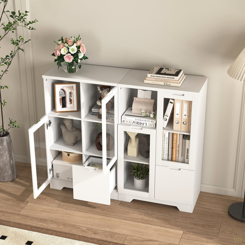 Armoire peinte en panneau de fibres à densité moyenne avec portes et tiroir en verre, espace de rangement ouvert, chambre à coucher, salon