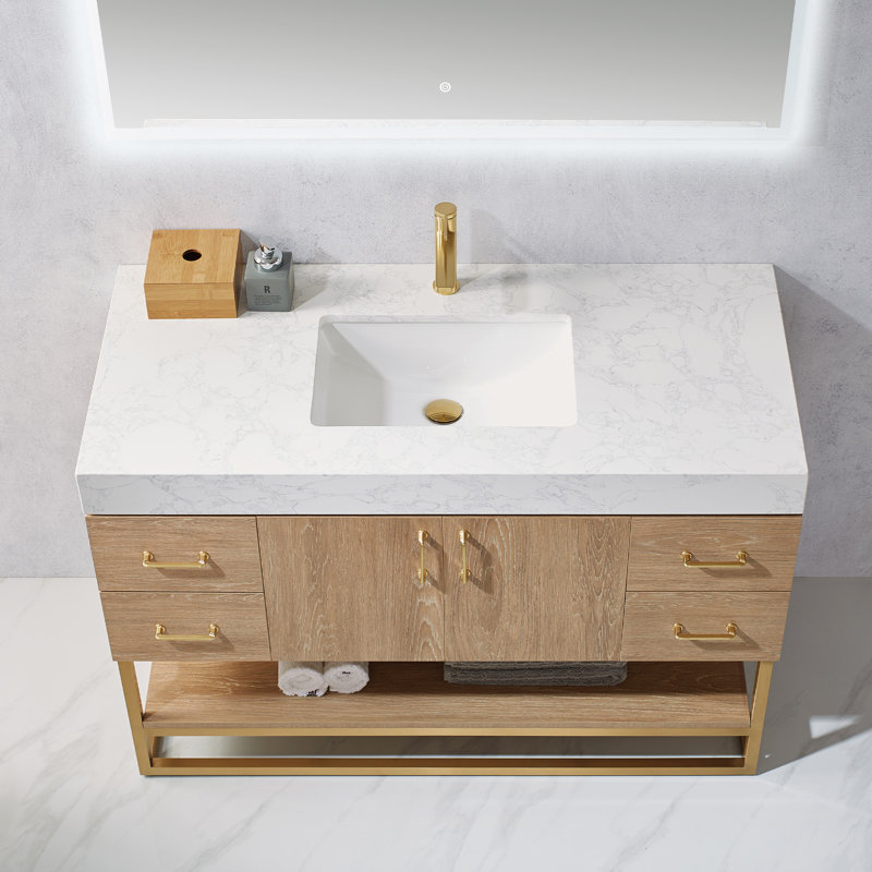 Alistair 48'' Single Bathroom Vanity with Engineered Stone Top, Gold, Natural Oak, White