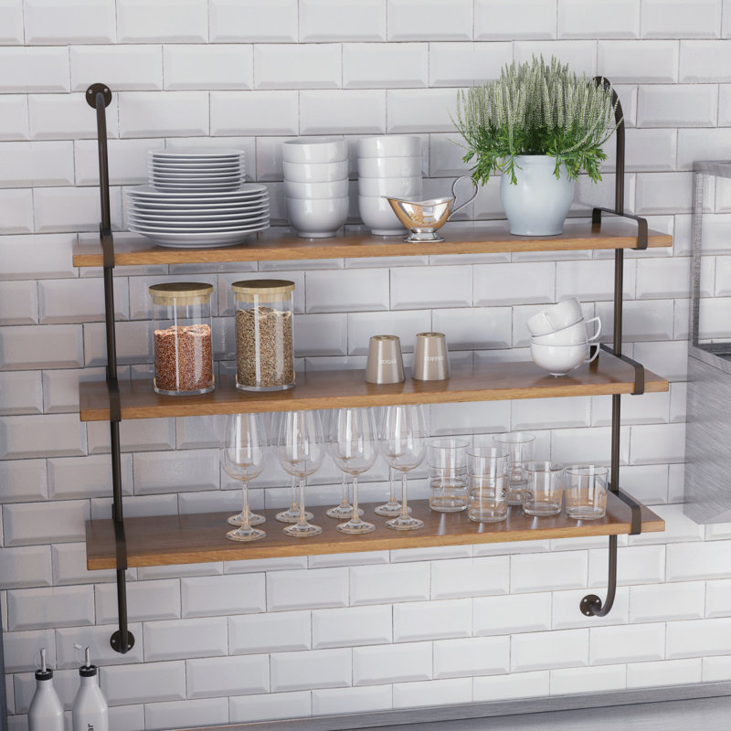 Wood 3 Level Wall Shelf with Metal Brackets, Brown/Black