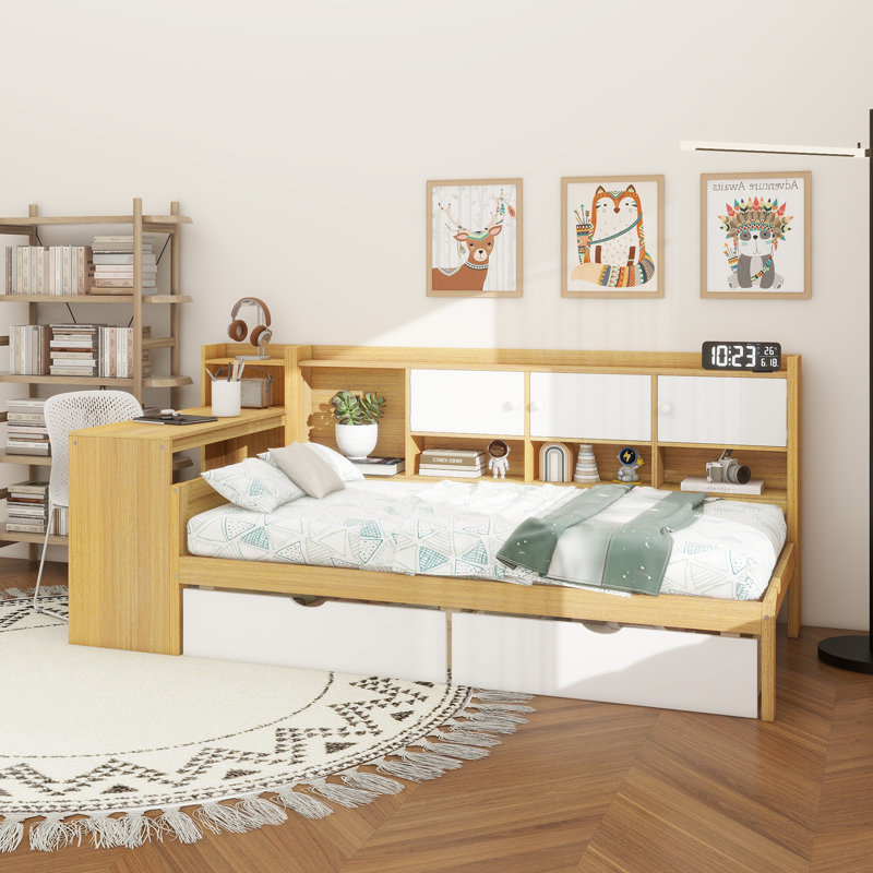 Wooden L-Shape Daybed With Seven Storage Cabinets And Two Storage Drawers, Multi-Functional Bed With Study Desk And Built-In Bookshelf
