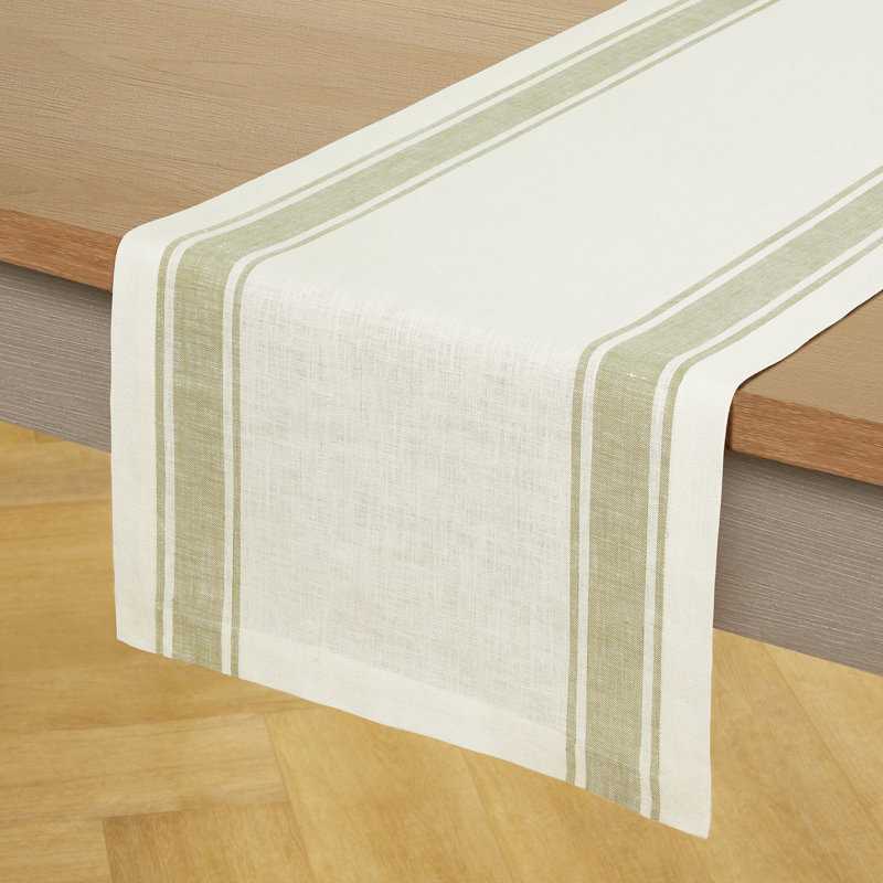 Country Stripe - 100% Pure Linen Table Runner, 108" x 14", Cream/Sage Green