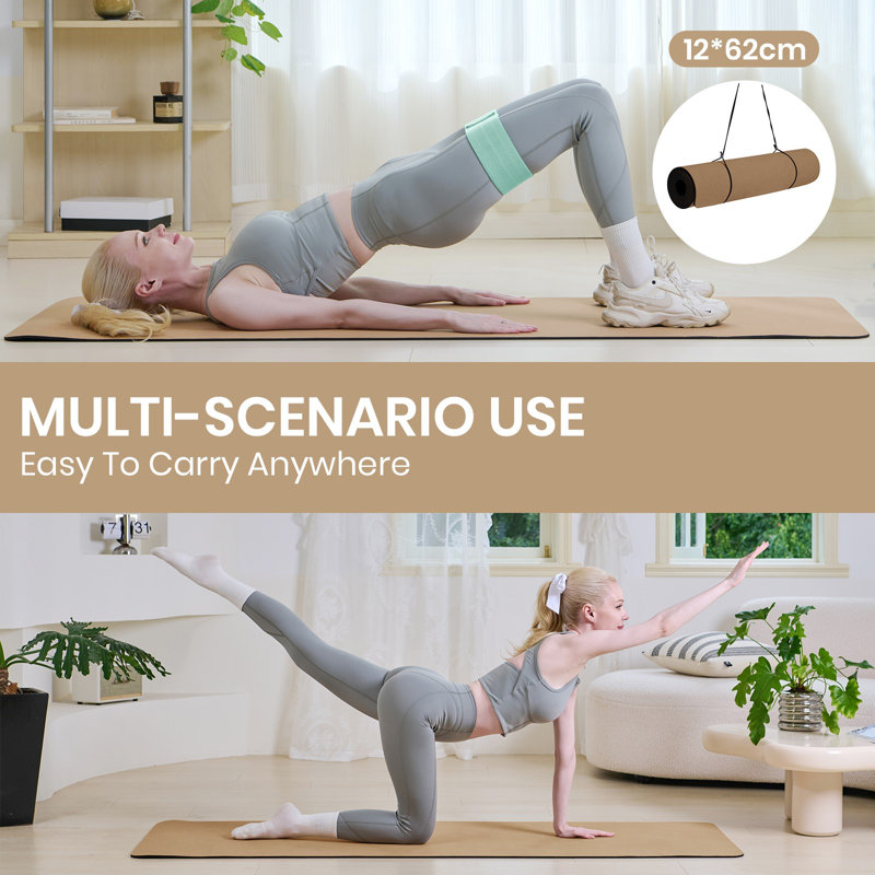 Cork Yoga Mat 183x61cm 6mm Thick, Non-Slip TPE Base Exercise Mat with Carry Strap, Eco-Friendly Mat for Yoga, Pilates & Home Gym