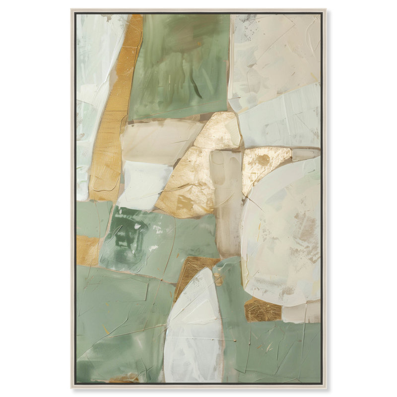 Sage Green and Gold Abstract Canvas Wall Art with Silver Frame
