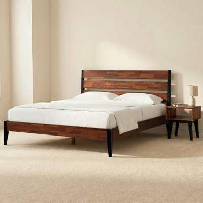 2-Pcs King Bedroom Set – Acacia Emery Solid Wood Platform Bed Frame & Matching Nightstand, Mid-Century Modern Farmhouse, Americano Finish, 800 lbs Capacity, No Box Spring Needed