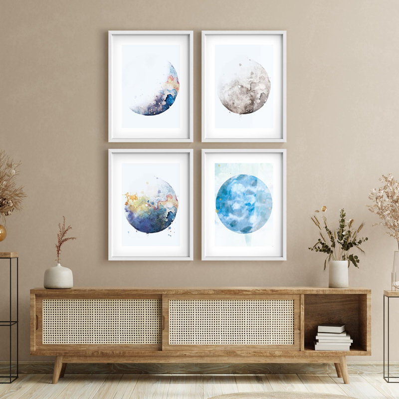 Framed Wall Art Print Gallery Set Decor, Celestial Lunar Phase Astronomy & Space Moon Watercolor Minimalism Decorative Relax/Calm Gray for Living Room, Bedroom, Office