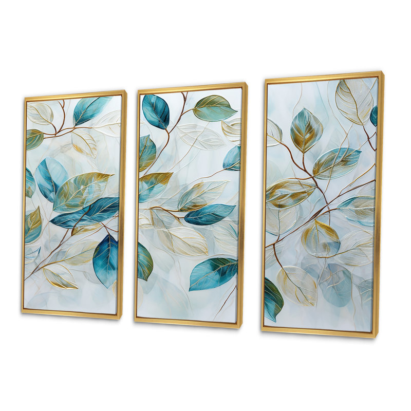 «Green Leaves Charm», art mural sur toile, feuilles, Cadre flottant doré, H 32 po x l 48 po x P 1 po