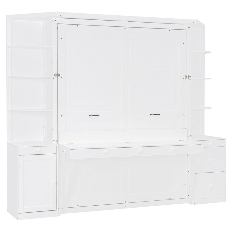 Grand lit escamotable avec bureau, tablettes et armoires de rangement, lit escamotable pour bureau à domicile peu encombrant, lumières