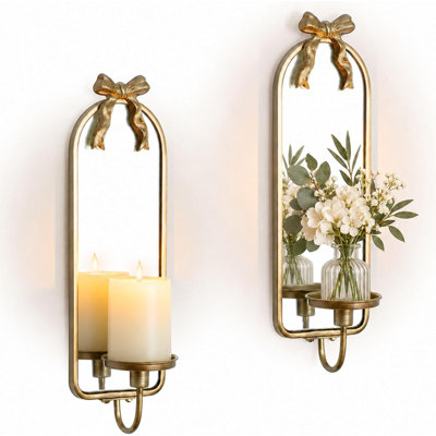 Ensemble de 2 appliques murales miroir avec bougie, cadre en métal et nœud.