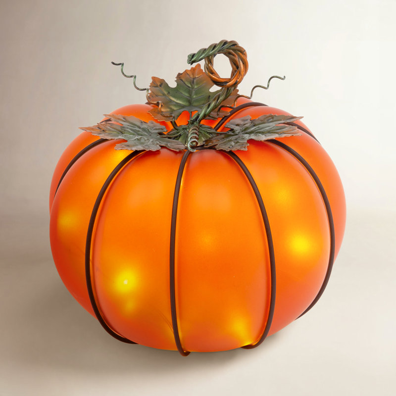 Lighted Metal & Glass Pumpkin with Timer 9"D