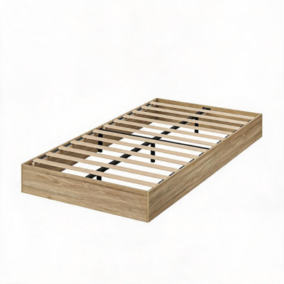 Structure de lit plateforme simple en bois TG, lit minimaliste sans tête de lit avec conception sur pied, support de lattes en bois robuste, aucun sommier requis, assemblage facile pour la chambre à coucher, bois brun clair doré