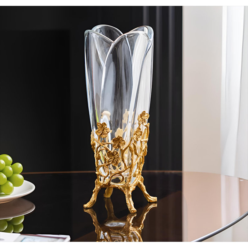 European-Style Crystal Glass And Copper Inlaid Vase: Luxurious Living Room Flower Arrangement Holder For TV Stand, Entryway - High-End Elegance And Sophistication