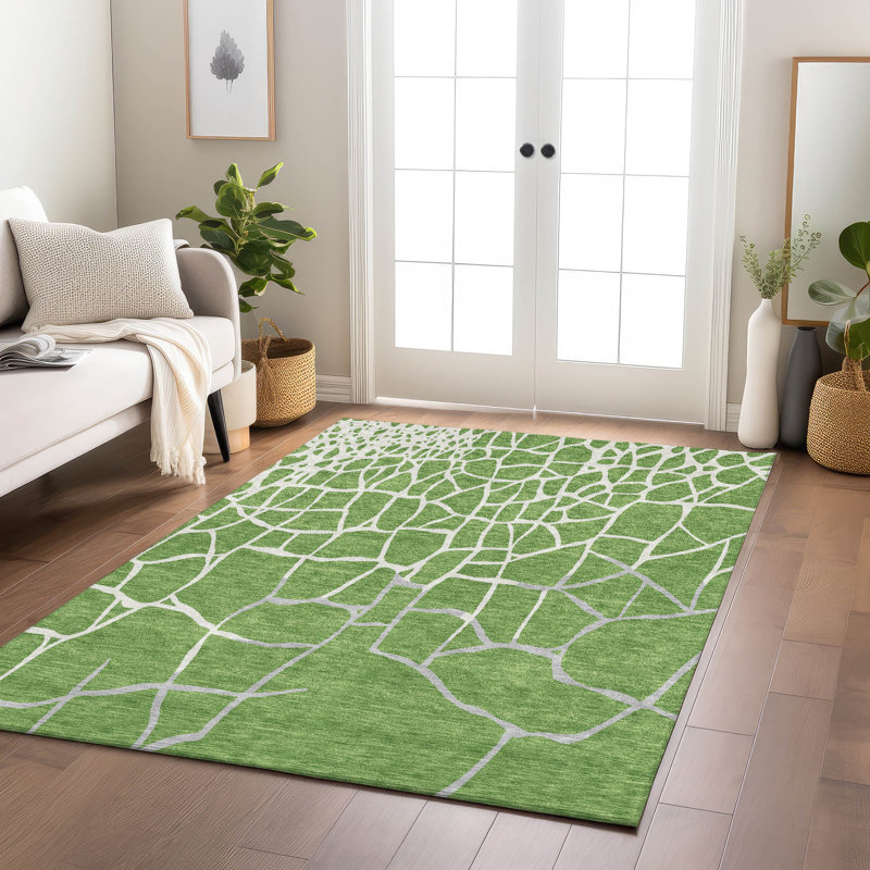 Green and White Synthetic Mosaic Pattern Washable Area Rug