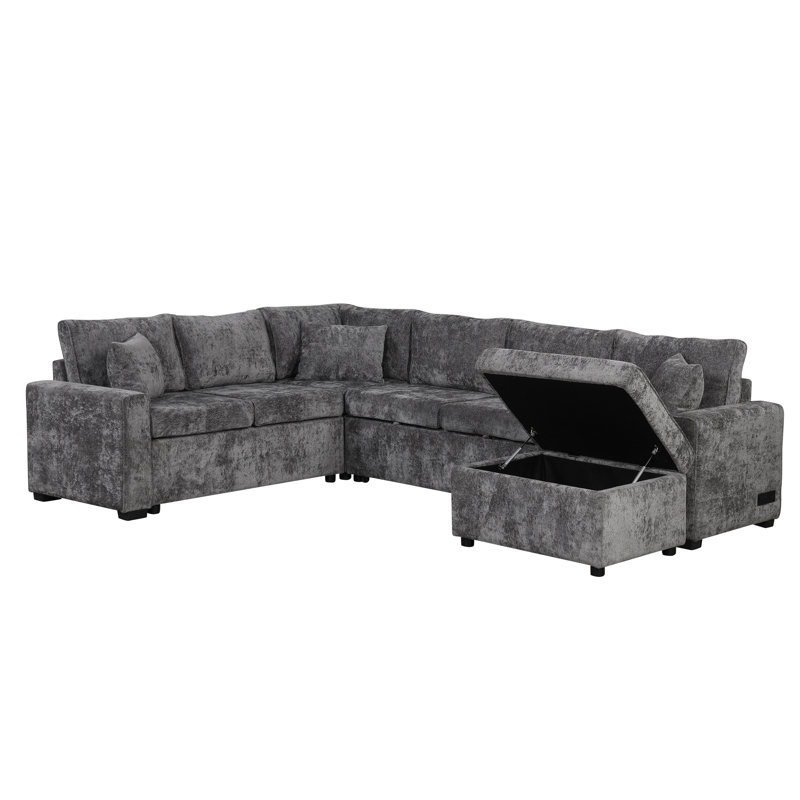 Canapé-lit modulaire 112,2 "avec repose-pieds avec rangement, trois coussins, dispositifs de chargement, gris