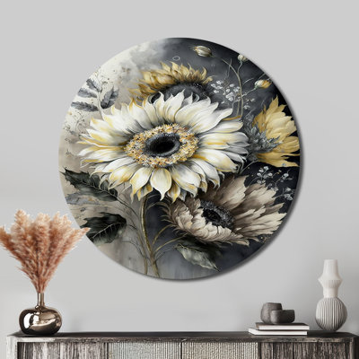 White Sunflower - Floral Round Metal Art