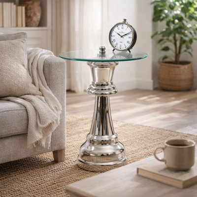 Accent Table | Decorative Nickel Finished Aluminum Queen Pedestal Side Table with Glass Top | 18x18x21"| Unique Side Table for Living Room Decor
