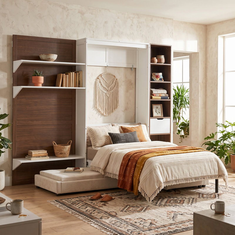 Lit escamotable simple avec tablettes, armoire de rangement, canapé et panneau imprimé, Blanc